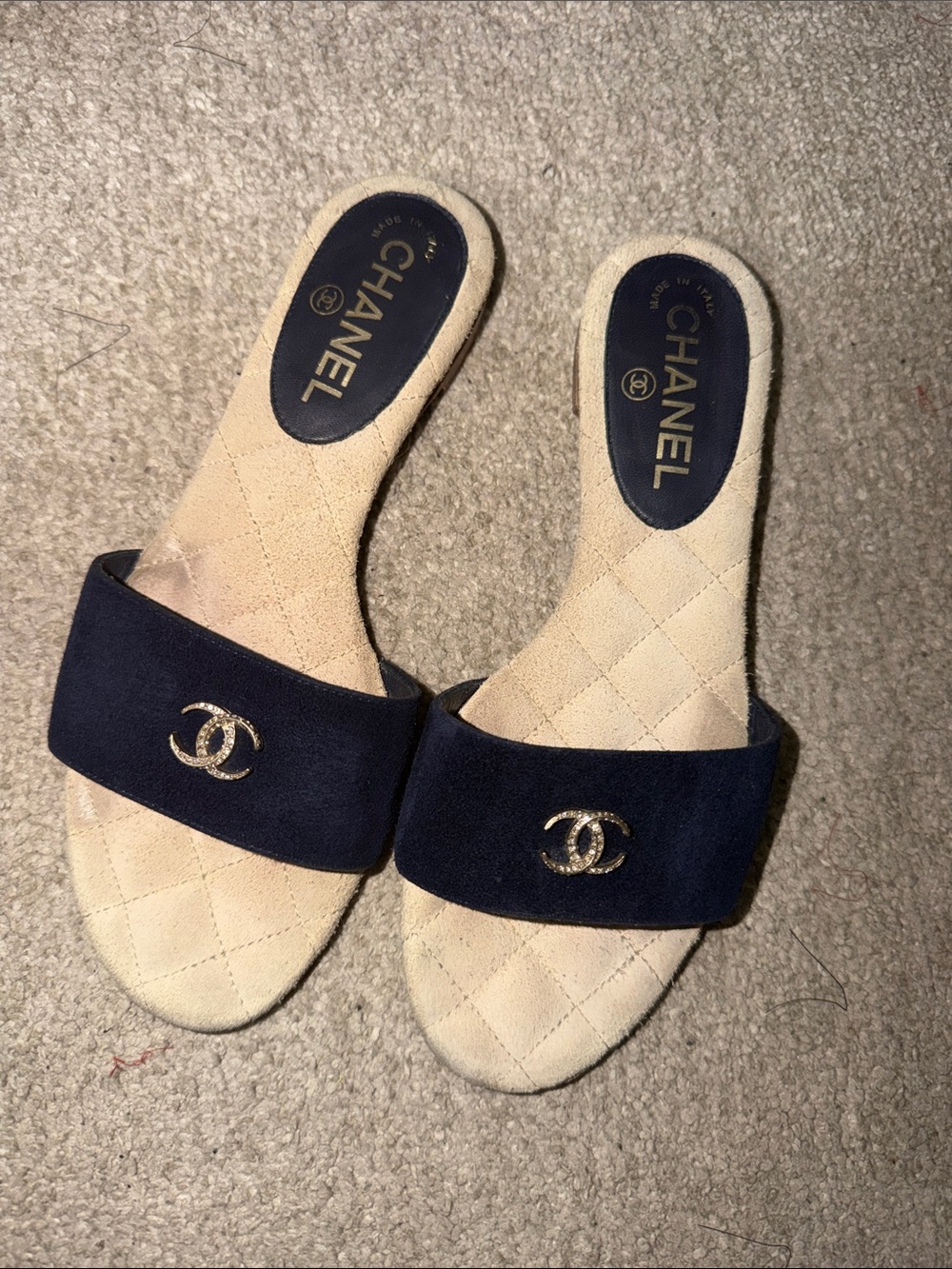 CHANEL Navy Suede and Cream Quilted Slide Mules with Gold and Crystal CC